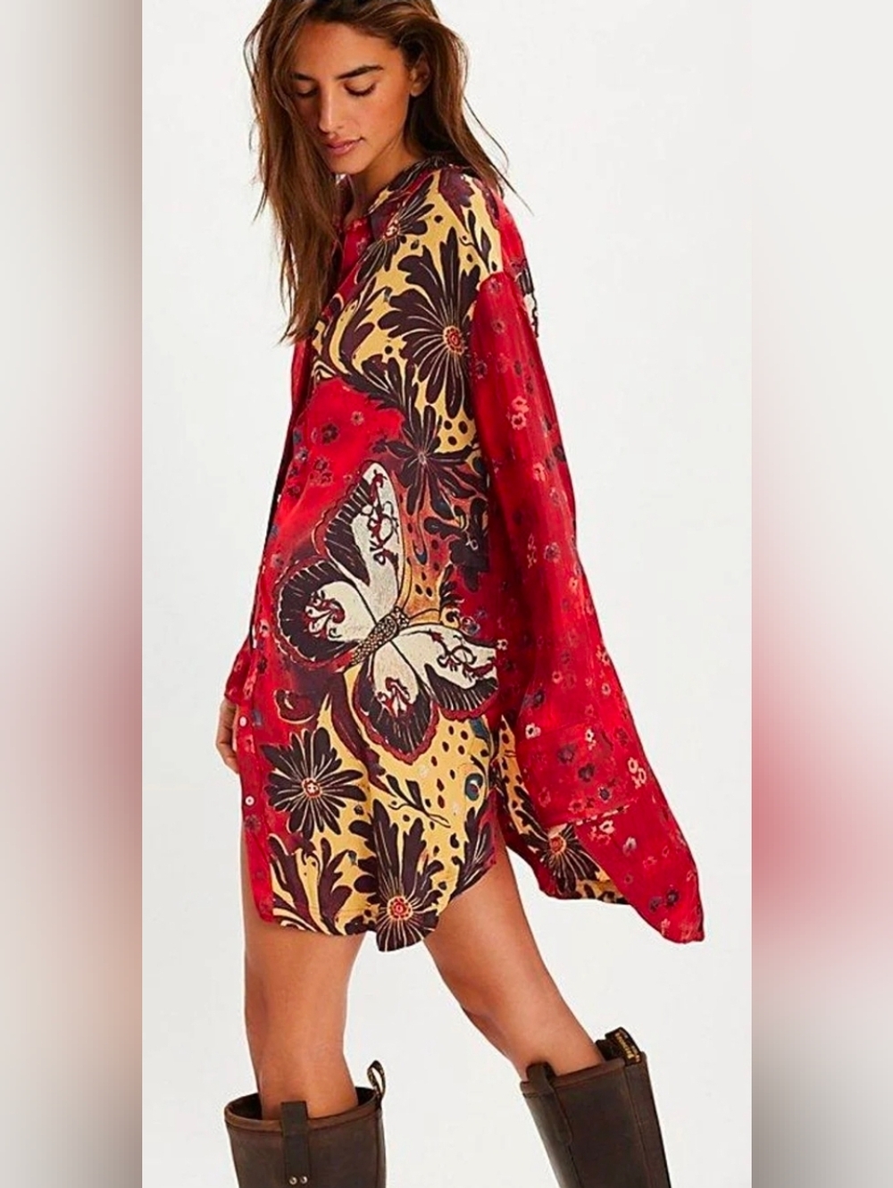 Free People Floral Butterfly Oversized Boho Button-Down Tunic - Picture 3 of 4
